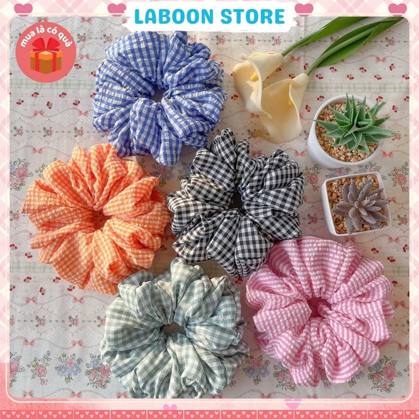 Ảnh Scrunchies vải caro sọc pastel LABOON dây buộc tóc bản to chất vải đủi thô nhún đứng form tóc 1