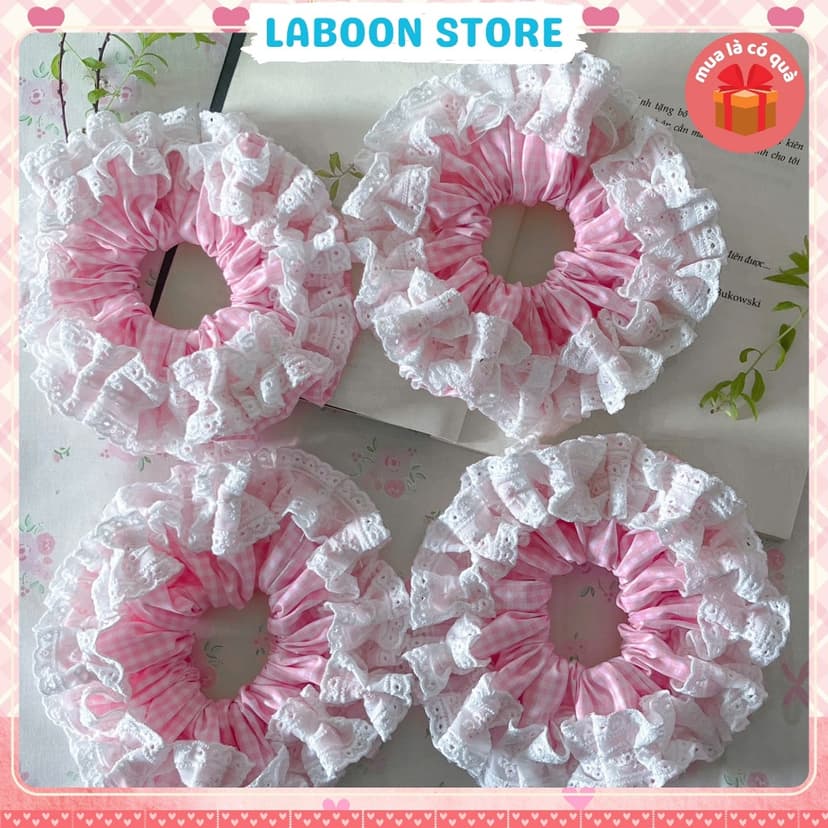 Ảnh Scrunchies LABOON tiểu thư phối ren nơ bèo trắng tinh tế buộc tóc hồng baby dịu dàng như sương mai 1