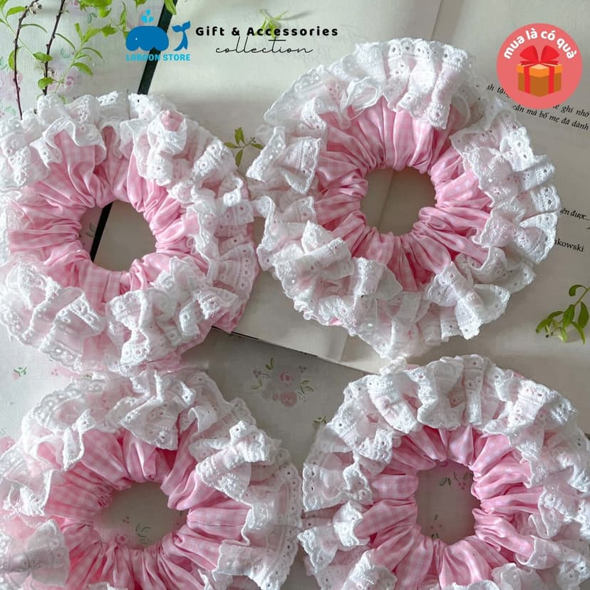 Ảnh Scrunchies LABOON tiểu thư phối ren nơ bèo trắng tinh tế buộc tóc hồng baby dịu dàng như sương mai 3