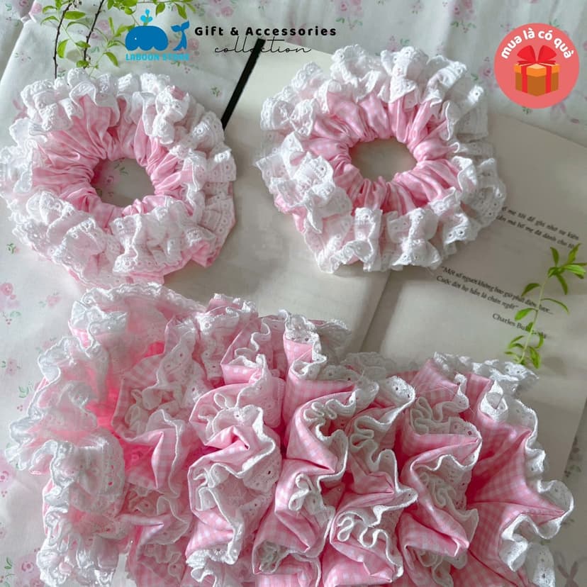 Ảnh Scrunchies LABOON tiểu thư phối ren nơ bèo trắng tinh tế buộc tóc hồng baby dịu dàng như sương mai 4