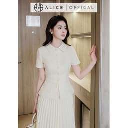Thumbnail Set Váy Thanh Lịch Chất Chéo Hàn Alice, Áo Ngắn Tay Cổ Sơ Mi Có Túi Dáng Ôm Eo Phối Chân Váy Dập Ly Quạy Kéo Khóa S851 3