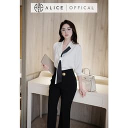 Thumbnail Set Công Sở Thanh Lịch Alice, Áo Sơ Mi Cổ Phối Buộc Vạt Chất Lụa Hàn Phối Quần Ống Loe Chất Mango Đính Tag Eo S849 3