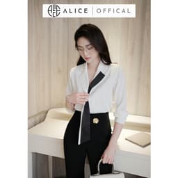 Thumbnail Set Công Sở Thanh Lịch Alice, Áo Sơ Mi Cổ Phối Buộc Vạt Chất Lụa Hàn Phối Quần Ống Loe Chất Mango Đính Tag Eo S849 4