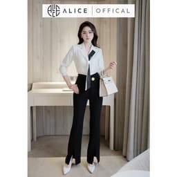 Thumbnail Set Công Sở Thanh Lịch Alice, Áo Sơ Mi Cổ Phối Buộc Vạt Chất Lụa Hàn Phối Quần Ống Loe Chất Mango Đính Tag Eo S849 2
