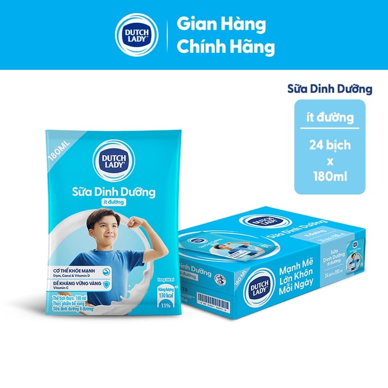 Ảnh Thùng 24 Bịch Sữa Dinh Dưỡng Dutch Lady Ít Đường 24x180ml 1