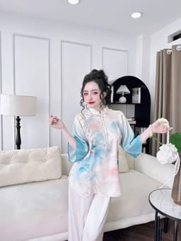 Thumbnail Bộ Lam Đi Chùa SOJUN Đồ Pháp Phục Lụa Gấm Cổ Trụ Nút Bọc Thiết Kế Size Dưới 65kg 1