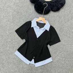 Thumbnail Áo Sơ Mi Bigsize Nữ Tay Ngắn Kiểu Giả Hai Lớp Vải Xoa Kẻ Sọc Phối Nỉ Tăm Cá Tính SM185 1