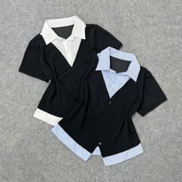 Thumbnail Áo Sơ Mi Bigsize Nữ Tay Ngắn Kiểu Giả Hai Lớp Vải Xoa Kẻ Sọc Phối Nỉ Tăm Cá Tính SM185 2