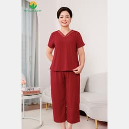 Thumbnail Bộ lanh trung niên mặc mùa hè Việt Thắng quần lửng, áo cộc tay cổ V thêu họa tiết - B26.5093 4