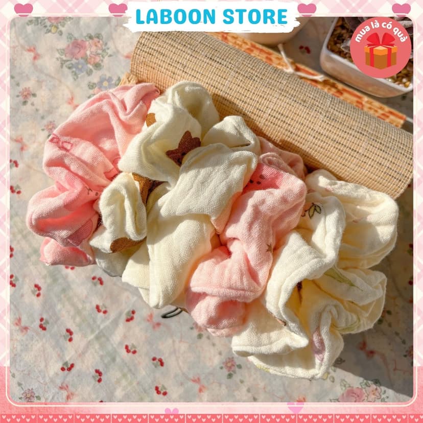 Ảnh Dây buộc tóc scrunchies handmade chất vải Muslin LABOON dây cột tóc mềm mại co giãn 3