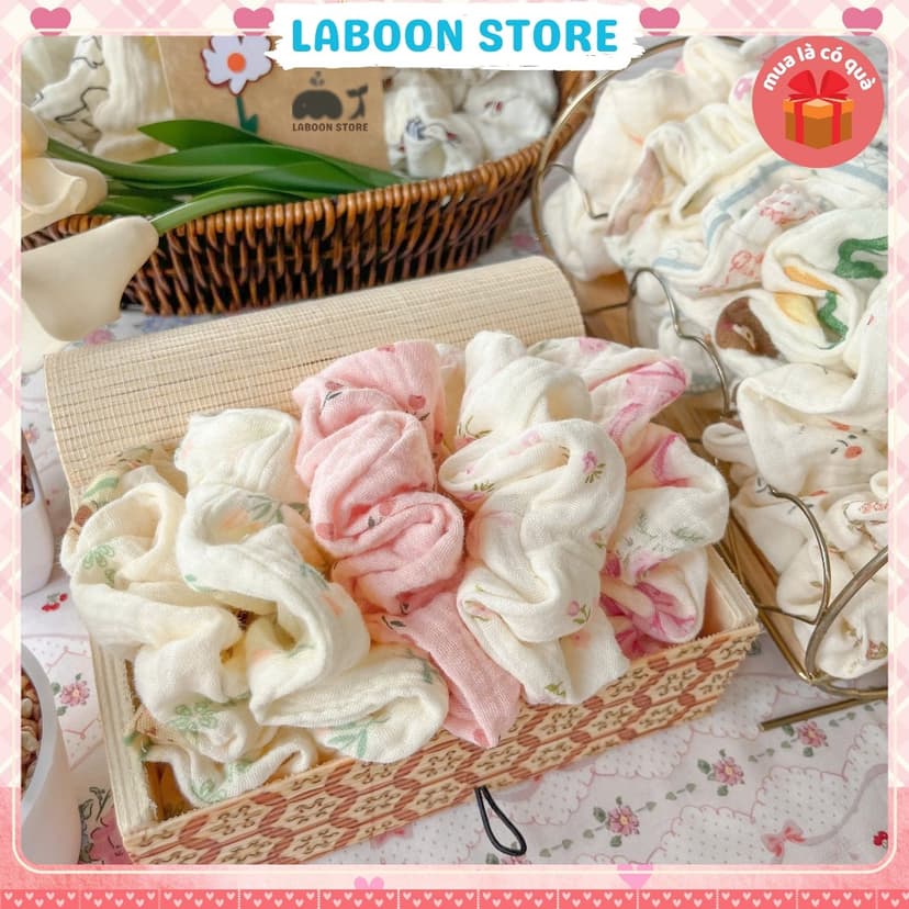 Ảnh Dây buộc tóc scrunchies handmade chất vải Muslin LABOON dây cột tóc mềm mại co giãn 1
