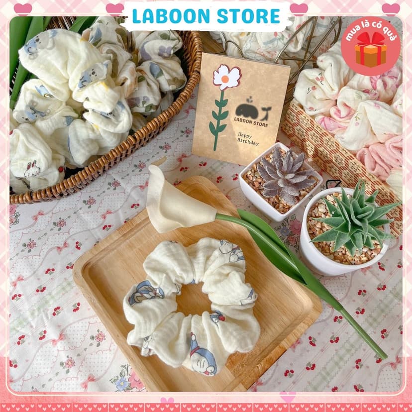 Ảnh Dây buộc tóc scrunchies handmade chất vải Muslin LABOON dây cột tóc mềm mại co giãn 2