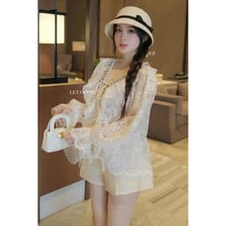 Thumbnail Áo Thiết Kế Đẹp Phối Ren Đính Đá LECOONG A15 Q17 Quần Tafta Màu Kem Đi Tiệc Sang Chảnh 1