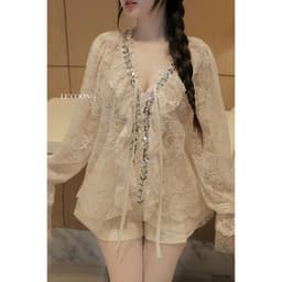 Thumbnail Áo Thiết Kế Đẹp Phối Ren Đính Đá LECOONG A15 Q17 Quần Tafta Màu Kem Đi Tiệc Sang Chảnh 4