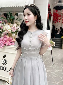 Thumbnail Đầm xòe dáng dài phối viền ren trắng thời trang sang trọng Callene (CC462) 3