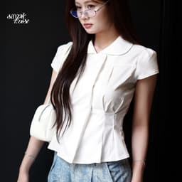 Thumbnail Áo sơ mi nữ cổ sen tay nhí Hàn Quốc màu trắng năng động Little Miss Blouse đi cà phê - Simple Twist 2