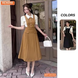 Thumbnail Đầm thiết kế BEMINE cổ đức phối xếp ly đính cúc dáng chữ A phù hợp đi làm-MT10102 1