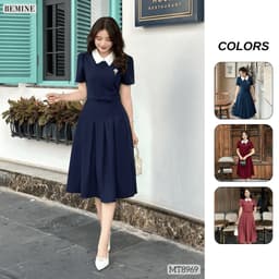 Thumbnail Đầm thiết kế cổ sen eo đính nơ tùng xếp ly BEMINE MT8969 1