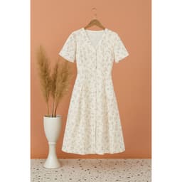 Thumbnail Váy hoa nhí dáng xòe tay ngắn cổ V V2025281 – Đầm hoa vintage công sở nữ 1