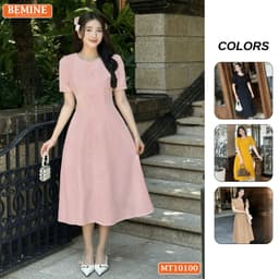 Thumbnail Đầm thiết kế BEMINE cổ tròn đính cúc dáng chữ A tay ngắn phù hợp đi làm, đi dạo phố-MT10100 1