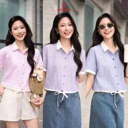 Thumbnail Áo sơ mi nữ CARDINA chất thô dáng croptop có đường rút gấu trẻ trung năng động 5ASC10 2