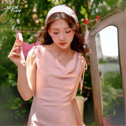 Thumbnail Đầm thiết kế cổ đổ đính nơ phối dây viền ren màu hồng SAM phong cách nữ tính nhẹ nhàng - Simple Twist Studio 2