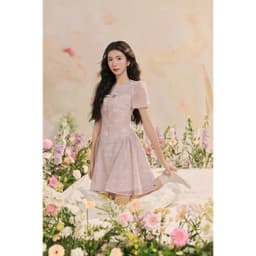 Thumbnail Đầm đè dây nơ ngực, nhún sườn họa tiết 1R07.2503OG, váy tơ mềm chiết eo dáng xòe bồng nữ tính đáng yêu thiết kế bởi JM 2