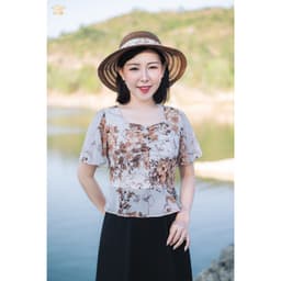 Thumbnail Đầm xòe trung niên cho mẹ - Cổ vuông tim kết nút tay loe - Trắng hoa nâu - TTV1863 3