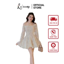 Thumbnail Váy Đẹp Dáng Ngắn Đi Biển Trễ Vai Xòe Bồng LECOONG V765 Đầm Tiểu Thư Màu Kem Sang Chảnh 1
