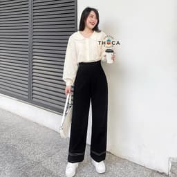 Thumbnail Quần ống rộng nữ cạp cao viền sọc THOCA HOUSE công sở, đi học đi làm 2