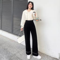 Thumbnail Quần ống rộng nữ cạp cao viền sọc THOCA HOUSE công sở, đi học đi làm 1