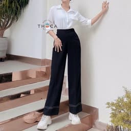Thumbnail Quần ống rộng nữ cạp cao viền sọc THOCA HOUSE công sở, đi học đi làm 4