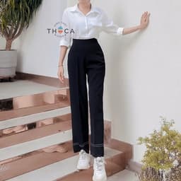 Thumbnail Quần ống rộng nữ cạp cao viền sọc THOCA HOUSE công sở, đi học đi làm 3