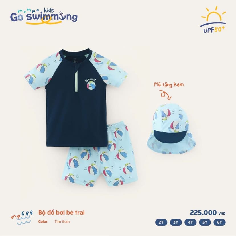 Ảnh Đồ bơi bé trai quần rời Mompa 2-6 tuổi vải co giãn nhanh khô tặng kèm mũ bơi 688 4