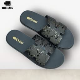 Thumbnail Dép Lê nam Chữ H Fun đen Vân 3D quai ngang da xít đế cao su khâu quai chắc chắn 1