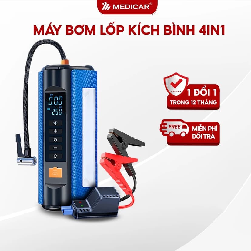 Ảnh Bơm lốp kích bình ô tô 4 trong 1 Medicar 12000mAh. Tích hợp sạc dự phòng và đèn pin chiếu sáng 1