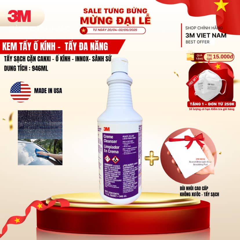Ảnh - Kem Tẩy Ố, Mốc Kính Xe Hơi 3M™ Creme Cleanser Limpiador En Crema 946ml 1