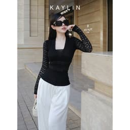 Thumbnail Áo kiểu KAYLIN tay dài phối ren họa tiết hoa mai chất vải thun ren co giản phong cách - N2438 2