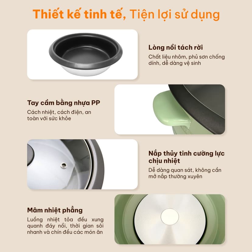 Ảnh Nồi lẩu điện 3.5L kèm xửng hấp lòng nồi tráng chống dính màu xanh bơ COMET - CM7739 3