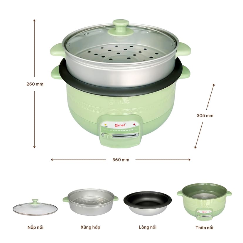 Ảnh Nồi lẩu điện 3.5L kèm xửng hấp lòng nồi tráng chống dính màu xanh bơ COMET - CM7739 4