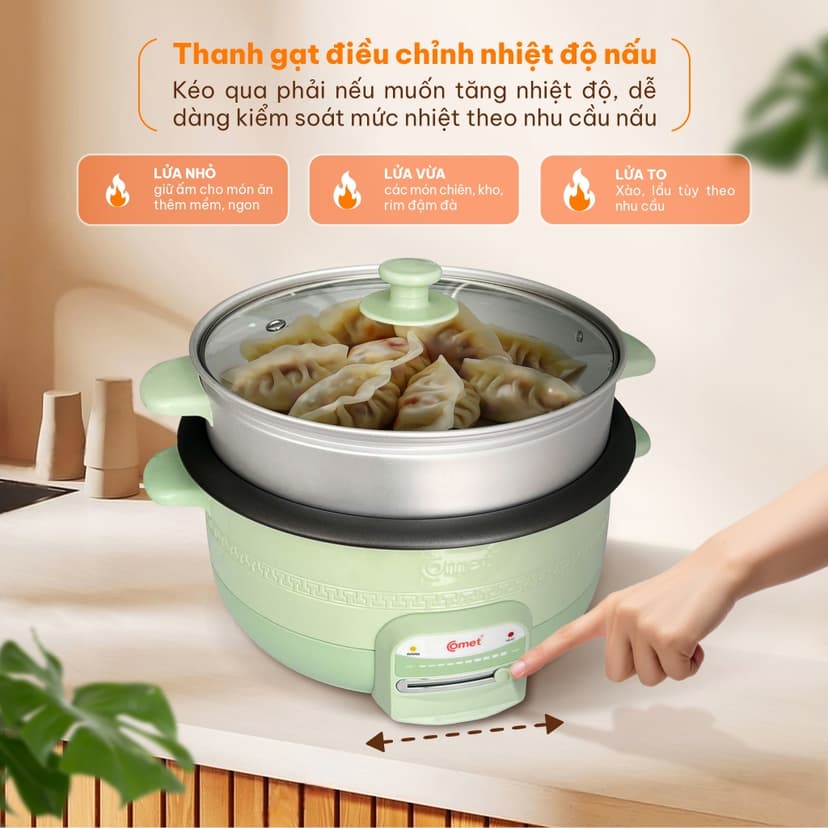 Ảnh Nồi lẩu điện 3.5L kèm xửng hấp lòng nồi tráng chống dính màu xanh bơ COMET - CM7739 2