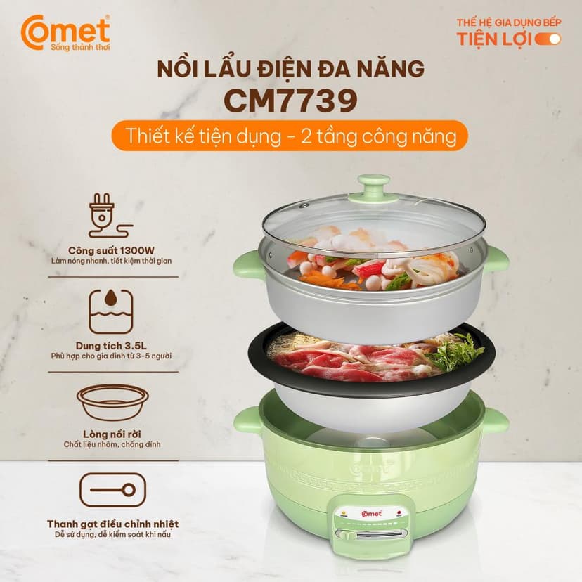 Ảnh Nồi lẩu điện 3.5L kèm xửng hấp lòng nồi tráng chống dính màu xanh bơ COMET - CM7739 1