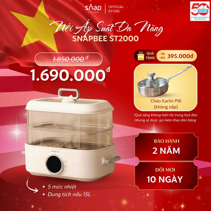 Ảnh Nồi Hấp Lẩu Điện 3 Tầng 20L SNAPBEE ST2000_5 Mức Nhiệt_Kháng Khuẩn_Không Gây Mùi [Snap Kitchen] 1