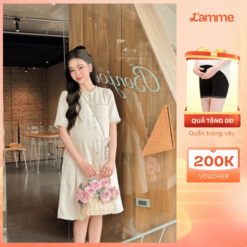 Ảnh Váy bầu Grace Dress phối cổ sen, đính hạt, chân váy xếp ly, kiểu dáng suông, basic thiết kế BY L'AMME 1