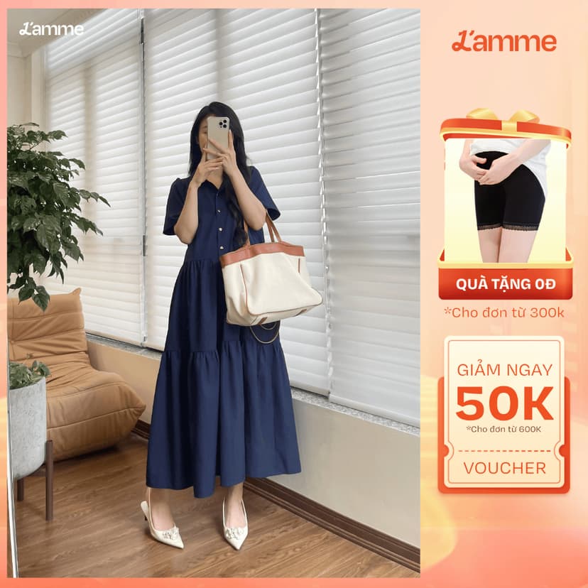 Ảnh Váy bầu đầm bầu nữ chất thô đũi hàn dáng xòe phối cổ sơ mi HELLY Dress BY L'AMME 1