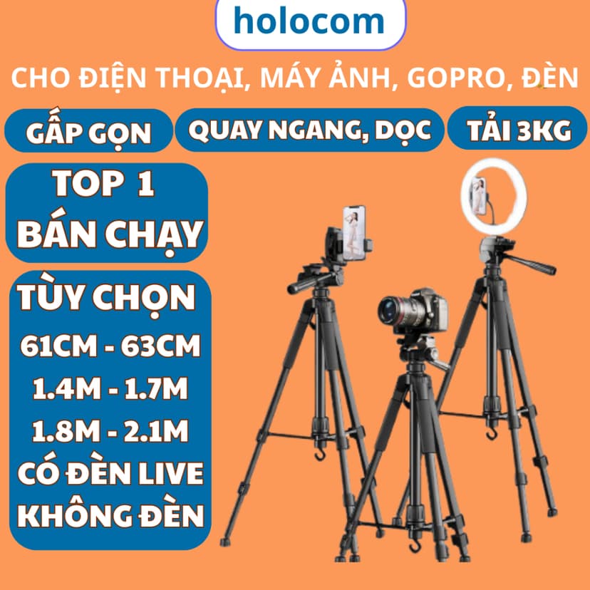 Ảnh Tripod Điện Thoại Kiêm Chân Máy Ảnh 360 Độ 3 Chân Đa Năng, Điều Chỉnh Cao Thấp, Thiết Kế Chắc Chắn Cao 170cm - HOLOCOM 1