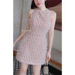 Thumbnail Váy Tiểu Thư Dáng Ngắn Cổ Yếm Màu Hồng LECOONG V767  Đầm Đẹp  Phối Ren Sang Chảnh 4