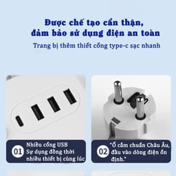 Thumbnail Ổ cắm điện đa năng thông minh, Sipanic 3 cổng USB 1 cổng Type-C sạc nhanh, chịu tải 2500W Dây dài 2M 2