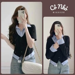 Thumbnail Áo Sơ Mi Bigsize Nữ Kiểu Giả Hai Lớp Tay Dài Vải Xoa Kẻ Sọc Phối Nỉ Tăm Cá Tính 1