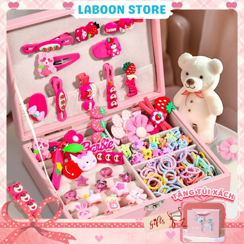 Ảnh Hộp quà tặng bộ phụ kiện tóc 156 món cho bé gái, full set phụ kiện tóc LABOON tặng sinh nhật bé 3